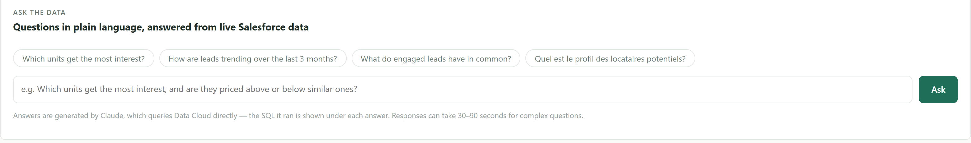 Ask-the-data card: plain-language questions answered from live Salesforce data