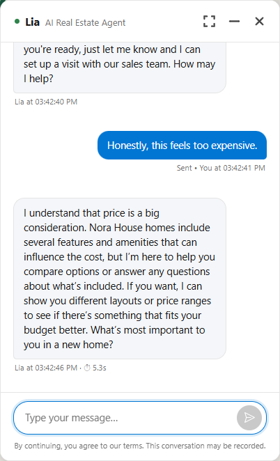 Live chat with the AI agent showing a 5.3-second response-time chip